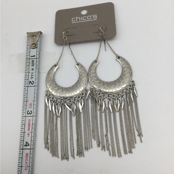 Chico's Silver Tone Crescent Dangle Earrings - Boho Chic Fringe - Picture 2 of 14